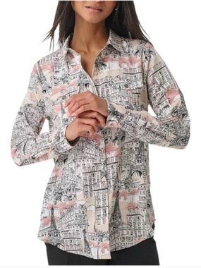 KARL LAGERFELD PARIS Womens Whimsical Signature-Printed Long Sleeve Blouse Large